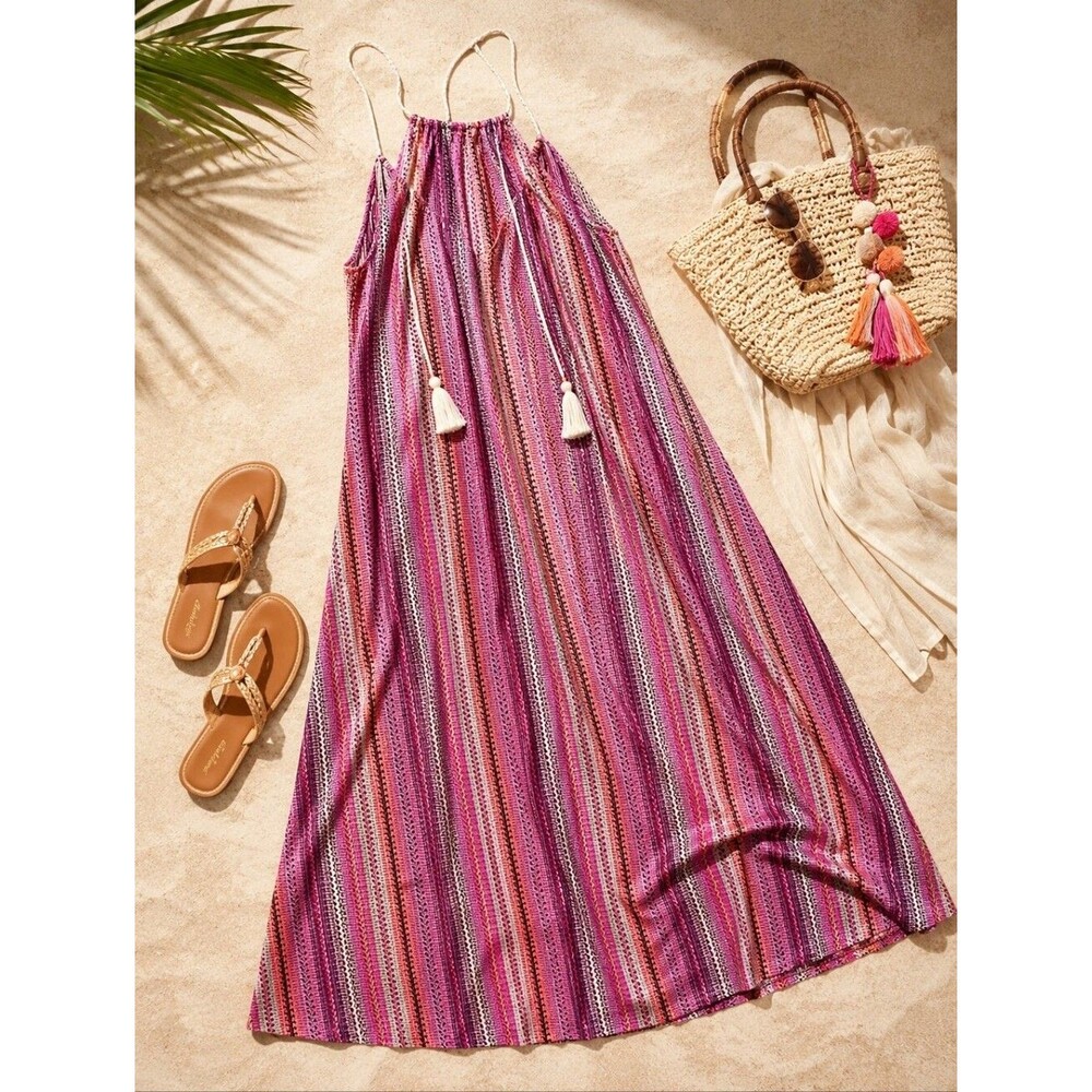 Boho Sunset Striped Maxi Dress Cover-Up | Women's Large | Flowy Beach Vacation - Picture 3 of 9